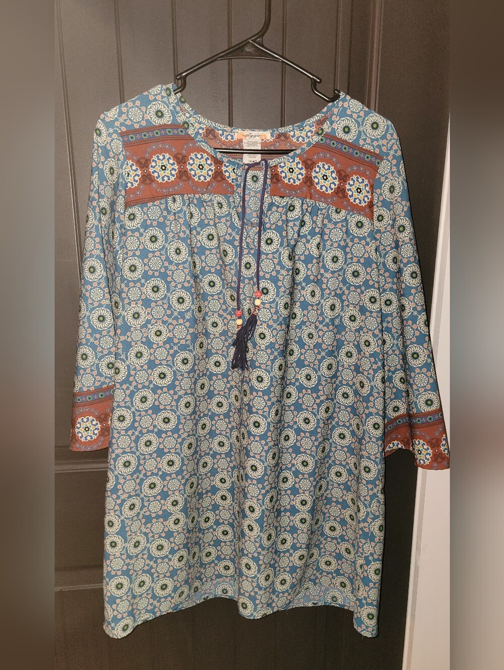 Boho Floral Blue Midi Dress with Tassel Tie sz S